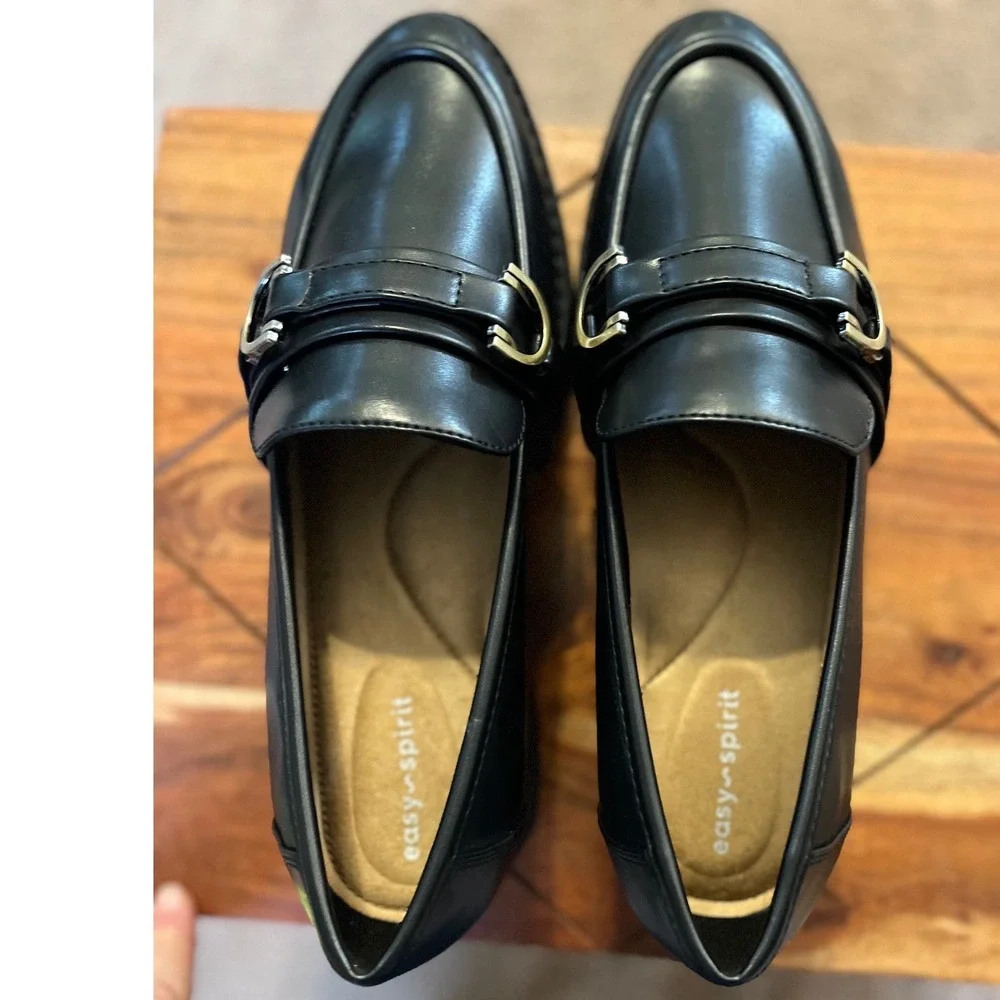 Easy Spirit Womens Black Lug Sole Loafers Metallic Strap Shoes‎ 9.5M